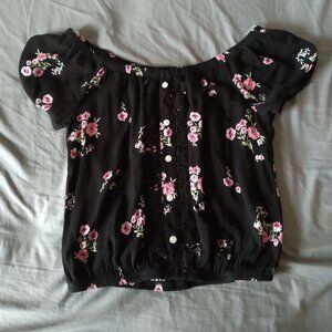 Black off the shoulder floral shirt size small.